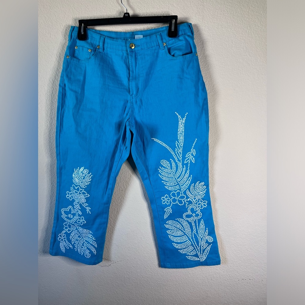 DG2 by Diane Gilman Sequined Floral Embellished Jeans Capri Turquoise 16W NWOT